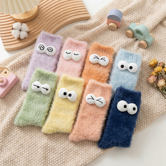 Japanese Style Healing Fuzzy Ankle Socks | Minimal Face Plush Socks | Cozy Winter Home Socks